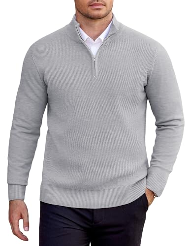 COOFANDY Pullover Herren 1/4 Zip Rollkragenpullover Einfarbig Troyer Strickpullover für Herren Feinstrick Arbeitspullover Winter Stehkragen Pulli Männer Winterpullover Hellgrau M von COOFANDY