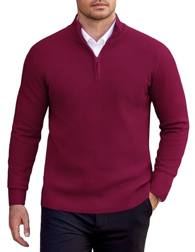 COOFANDY Pullover Herren 1/4 Zip Rollkragenpullover Einfarbig Troyer Strickpullover für Herren Feinstrick Arbeitspullover Winter Stehkragen Pulli Männer Winterpullover Rotwein M von COOFANDY