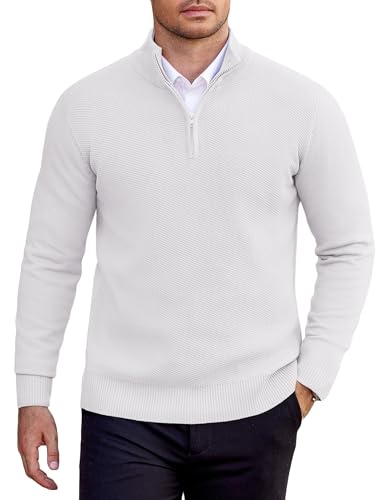 COOFANDY Pullover Herren 1/4 Zip Rollkragenpullover Einfarbig Troyer Strickpullover für Herren Feinstrick Arbeitspullover Winter Stehkragen Pulli Männer Winterpullover Weiß L von COOFANDY