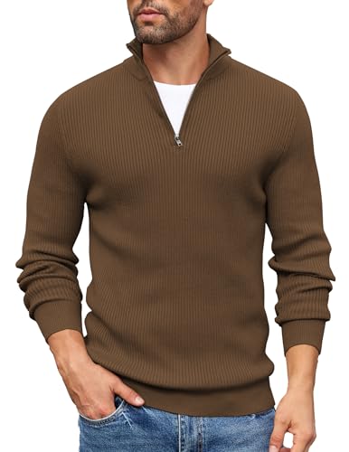COOFANDY Pullover Herren 1/4 Zip Rollkragenpullover Troyer Rollkragenpulli Strickpullover Winterpullover Stehkragen Pullover Leichte warm Arbeitspullover Braun M von COOFANDY