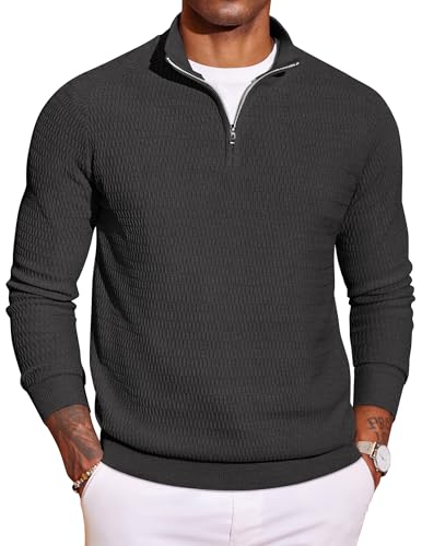 COOFANDY Pullover Herren 1/4 Zip Strickpullover Langarm Knitted Basic Kragenpullover Grau M von COOFANDY