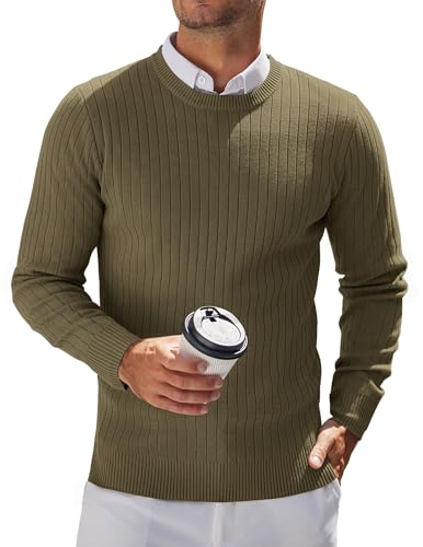 COOFANDY Pullover Herren Business Slim Fit Rundhals Leichter Strick Gestreifter Herrenpullover Langarm Armeegrün M von COOFANDY