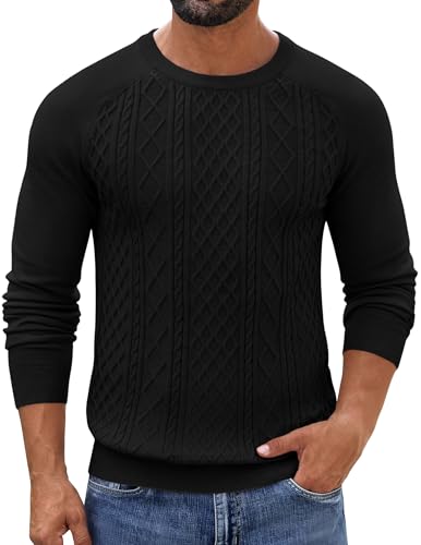 COOFANDY Pullover Herren Business Strickpullover Winter Warm Norweger Pulli Zopfmuster Rundhals Dünner Basic Solid Thermopulli Schwarz M von COOFANDY