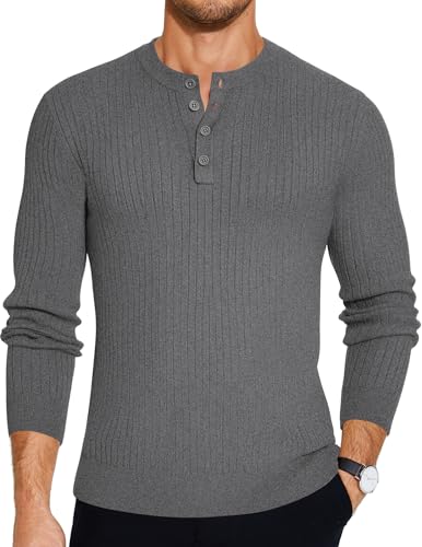 COOFANDY Strickpullover Herren Langarm Henley Shirt mit Knopfleiste Business Winterpullover Strickpulli Mittelgrau 3XL von COOFANDY