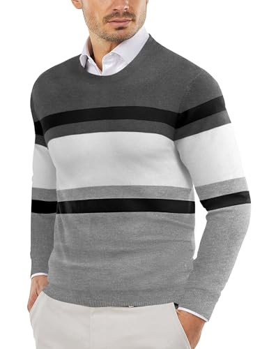 COOFANDY Pullover Herren Gestreiftes Feinstrickpullover Rundhals Strick Sweater Business Winterpullover Pulli Grau Weiß XXL von COOFANDY