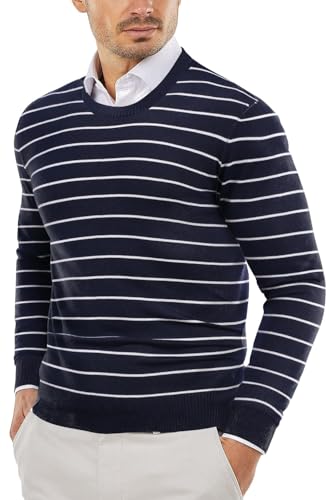 COOFANDY Pullover Herren Gestreiftes Strickpullover Rundhals Sweater Elegant Feinstrick Winterpullover Männer Pulli Navy M von COOFANDY