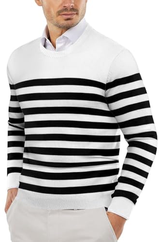COOFANDY Pullover Herren Gestreiftes Strickpullover Rundhals Sweater Elegant Feinstrick Winterpullover Männer Pulli Weiß M von COOFANDY