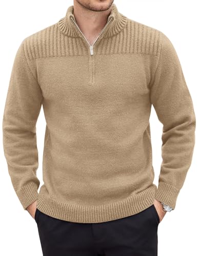 COOFANDY Pullover Herren Half Zip Langarm Strickpullover mit Stehkragen Einfarbig Regular Fit Rollkragenpullover Warm Pulli Beige L von COOFANDY