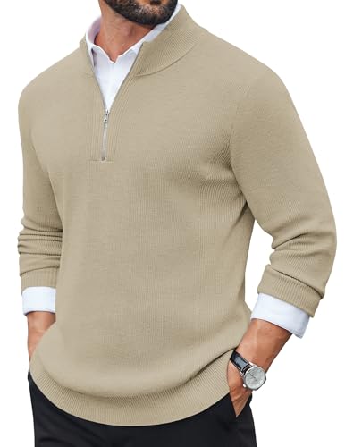 COOFANDY Pullover Herren Half Zip Pullover Rollkragenpullover Strickpullover Langarm Pulli Turtleneck Winterpullover Feinstrick Sweater Herren Troyer Hellbraun L von COOFANDY