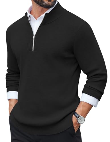 COOFANDY Pullover Herren Half Zip Pullover Strickpullover Rollkragenpullover Langarm Winterpullover Feinstrick Sweater Männer Pulli Turtleneck Arbeitspullover Schwarz M von COOFANDY