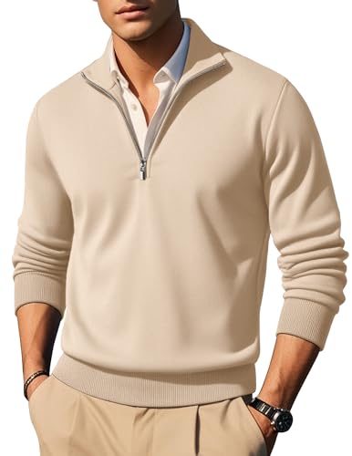 COOFANDY Pullover Herren Half Zip Pullover mit Reissverschluss Troyer Rollkragenpullover Business Herrenpullover Langarm Stehkragen Pulli Hautfarbe S von COOFANDY