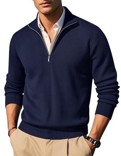 COOFANDY Pullover Herren Half Zip Pullover mit Reissverschluss Troyer Rollkragenpullover Business Herrenpullover Langarm Stehkragen Pulli Marineblau S von COOFANDY
