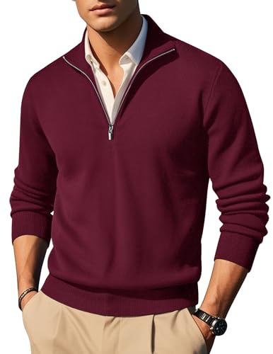 COOFANDY Pullover Herren Half Zip Pullover mit Reissverschluss Troyer Rollkragenpullover Business Herrenpullover Langarm Stehkragen Pulli Rot S von COOFANDY