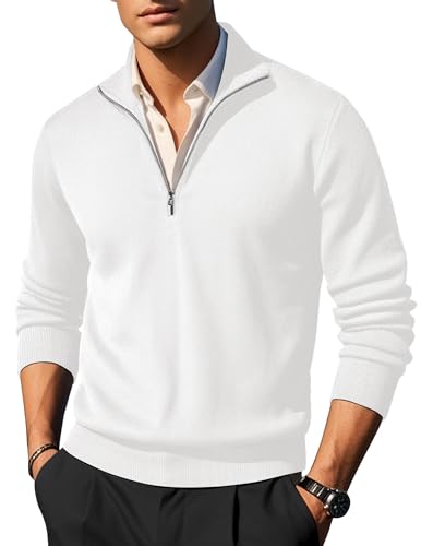 COOFANDY Pullover Herren Half Zip Pullover mit Reissverschluss Troyer Rollkragenpullover Business Herrenpullover Langarm Stehkragen Pulli Weiß M von COOFANDY
