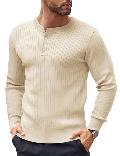 COOFANDY Herren Pullover Henley Langarmshirt mit Knopfleiste Dünner Pullover Strickpullover Longsleeve Sweater Beige M von COOFANDY
