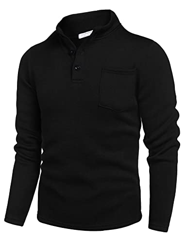 COOFANDY Pullover Herren Henley Stehkragen Winter Pullover Knopf Casual Warm Langarmshirt mit Tasche Schwarze S von COOFANDY