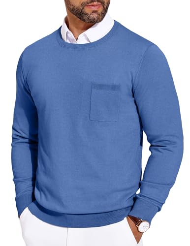 COOFANDY Pullover Herren Langarm Feinstrick Rundhals Strickpullover Winter Sweater mit Brusttasche Blau S von COOFANDY