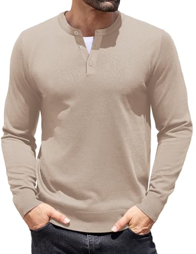 COOFANDY Pullover Herren Langarm Henley Kragen Casual Regular Fit Feinstrick Sweater Winter Basic Langarmshirt Helles Khaki XXL von COOFANDY