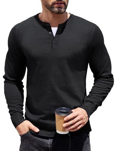 COOFANDY Pullover Herren Langarm Henley Kragen Casual Regular Fit Feinstrick Sweater Winter Basic Langarmshirt Schwarz XXL von COOFANDY