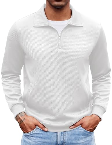 COOFANDY Pullover Herren Langarm Slim Fit 1/4 Zip Strick Golf Einfarbig Elegant Polo Weiß XL von COOFANDY