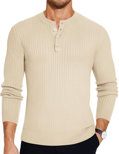 COOFANDY Pullover Herren Henley Langarm Rundhals Strickpullover Feinstrick Longsleeve Winterpullover Casual Beige XXL von COOFANDY