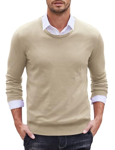 COOFANDY Pullover Herren Langarmshirt Sweater Pulli Slim fit Crewneck Pullover Baumwolle Männner Strickpullover Feinstrick Winterpullover Sweater Business Hell Khaki M von COOFANDY