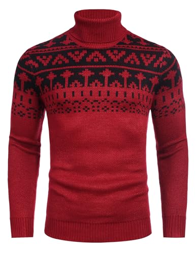 COOFANDY Pullover Herren Norwegermuster Rollkragenpullover Winter Strickpullover Weihnachten Pulli Rot XL von COOFANDY