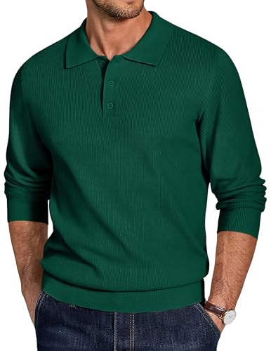 COOFANDY Pullover Herren Polo Strickpullover Langarm Poloshirt Männer Basic Pulli Casual Business Sweater Dunkelgrün 3XL von COOFANDY