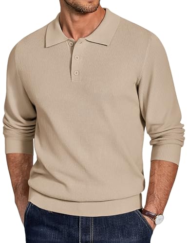 COOFANDY Pullover Herren Polo Strickpullover Langarm Poloshirt Männer Basic Pulli Casual Business Sweater Kamelfarben 3XL von COOFANDY