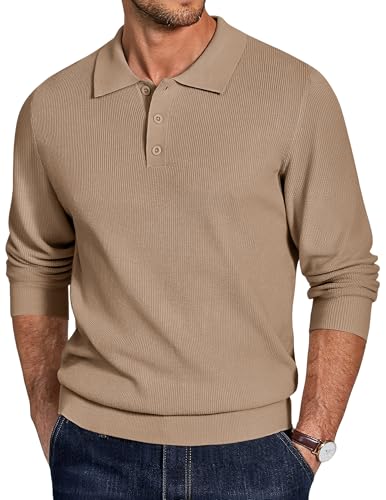 COOFANDY Pullover Herren Polo Strickpullover Langarm Poloshirt Männer Basic Pulli Casual Business Sweater Khaki L von COOFANDY