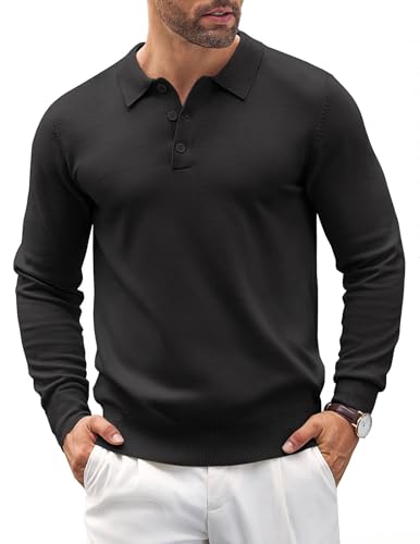 COOFANDY Pullover Herren Poloshirt Herren Langarm Polo Strickpullover Feinstrick Sweater Männer Pullover Regular Fit Winterpullover Casual Pulli Schwarz XL von COOFANDY