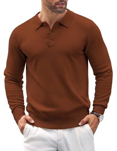 COOFANDY Pullover Herren Poloshirt Herren Langarm Strickpullover Männer Strick Poloshirt Polohemd mit Polokragen Herbst Pulli Braun M von COOFANDY