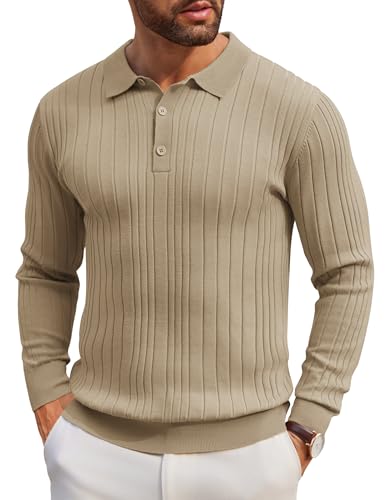 COOFANDY Pullover Herren Poloshirt Langarm Feinstrickpullover mit Polokragen Klassische Knopfloser Lässig Strick-Pulli Khaki L von COOFANDY