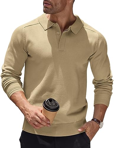 COOFANDY Pullover Herren Poloshirt Strickpullover Mit Polokragen Long Sleeve Feinstrick Klassische Passform Knopfloser Lässig Strick-Pulli Thermo Pullover Dunkles Khaki L von COOFANDY