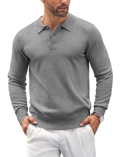 COOFANDY Pullover Herren Poloshirt Strickpullover Mit Polokragen Männer Pullover Business Winterpullover Herrenpullover Langarm Basic Sweaters mit Knopf Grau L von COOFANDY
