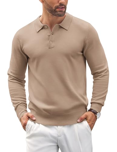 COOFANDY Pullover Herren Poloshirt Strickpullover Mit Polokragen Männer Pullover Business Winterpullover Herrenpullover Langarm Basic Sweaters mit Knopf Khaki XL von COOFANDY