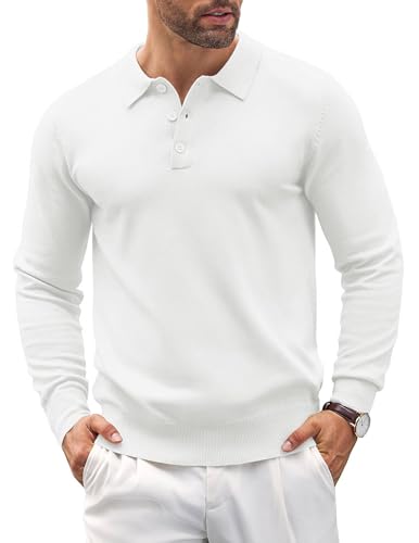 COOFANDY Pullover Herren Poloshirt Strickpullover Mit Polokragen Männer Pullover Business Winterpullover Herrenpullover Langarm Basic Sweaters mit Knopf Weiß M von COOFANDY