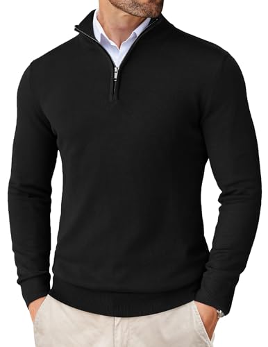 COOFANDY Herren Rollkragenpullover 1/4 Zip Neck Stehkragen Pullover Rollkragen Strickpullover Troyer Winterpullover Pulli Stehkragen Pullover Slim Fit Pullover Schwarz XL von COOFANDY