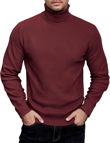 COOFANDY Pullover Herren Rollkragen Rollkragenpullover Strickpullover Männer Pullover Winterpullover Sweater Einfarbig Rotwein XXL von COOFANDY