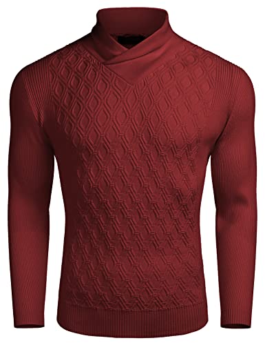 COOFANDY Herren Feinstrick Pullover Schalkragen Langarm Weich Strickpullover Slim Fit Basci Winter Strick Pullover Weinrot M von COOFANDY