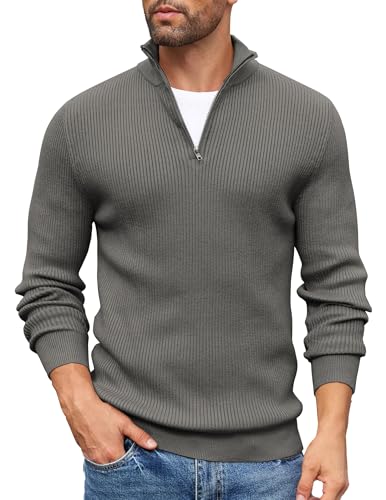 COOFANDY Pullover Herren Rollkragenpullover 1/4 Reißverschluss Strickpullover mit Streifen Rollkragenpulli Langarm Warm Winterpullover Rolli Pulli Rollkragen Pullover Dunkelgrau 3XL von COOFANDY
