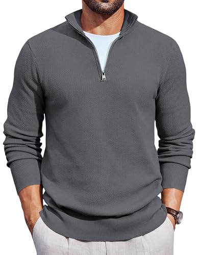 COOFANDY Pullover Herren Rollkragenpullover 1/4 Reißverschluss Troyer Strickpullover Business Casual Pullover mit Stehkragen Pulli Dunkelgrau XL von COOFANDY