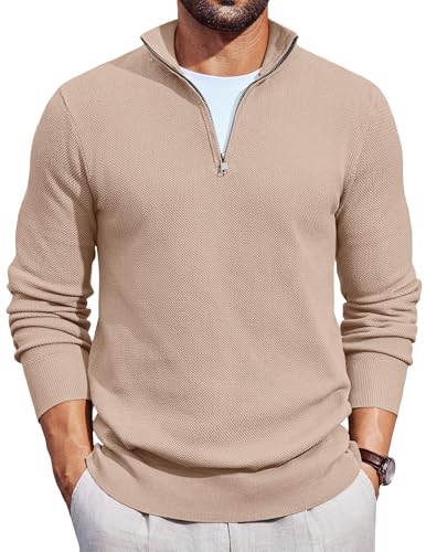 COOFANDY Pullover Herren Rollkragenpullover 1/4 Zip Neck Strickpullover Langarm Herrenpullover Half Zip Pullover mit Kragen Winter Sweater Beige XXL von COOFANDY