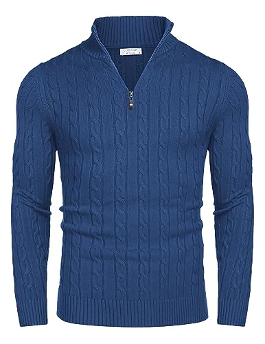 COOFANDY Pullover Herren Rollkragenpullover 1/4 Zip Neck Turtleneckpullover Feinstrick Sweater Winterpullover Warm Pulli Strickpullover Langarm Blau M von COOFANDY