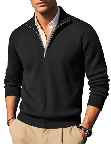 COOFANDY Pullover Herren Half Zip Pullover mit Reissverschluss Troyer Rollkragenpullover Business Herrenpullover Langarm Stehkragen Pulli Schwarz S von COOFANDY