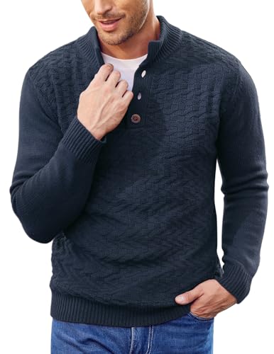 COOFANDY Pullover Herren Rollkragenpullover Warm Strickpullover Henley Winterpullover Herrenpullover Langarm Kragenpullover Rollkragen Pulli Thermal Pullover Navy Blau XL von COOFANDY