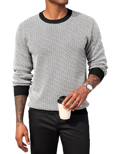 COOFANDY Pullover Herren Rundhals Pullover Fischgrätmuster Strickpullover Winterpullover Herrenpullover Langarm Pulli Stretch Pullover Slim Fit Black L von COOFANDY