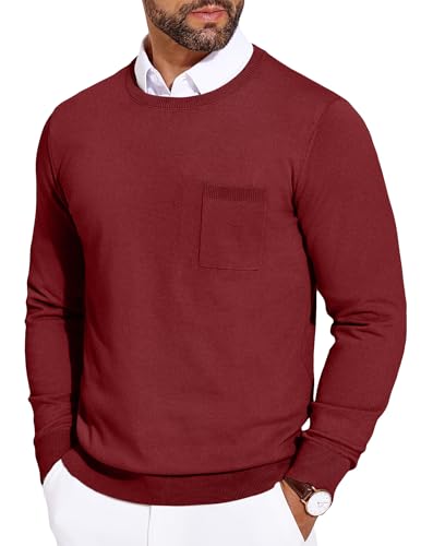 COOFANDY Pullover Herren Rundhals Slim Fit Pullover Langarm Feinstrick Winterpullover mit Brusttasche Rot L von COOFANDY