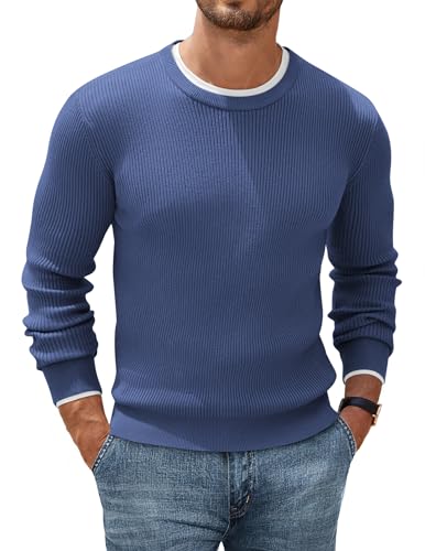 COOFANDY Pullover Herren Rundhals Strickpullover Feinstrick Business Pullover Sweater Herbst Wintepullover Knitted Pulli Stahlblau M von COOFANDY