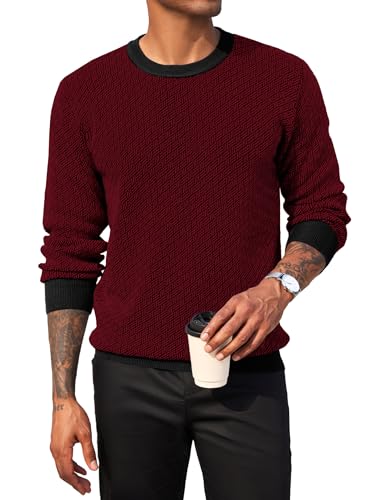 COOFANDY Pullover Herren Rundhals Strickpullover Langarm Winterpullover Freizeitpullover Basic Pullover Rundhals Pulli Business Casual Red Wine L von COOFANDY